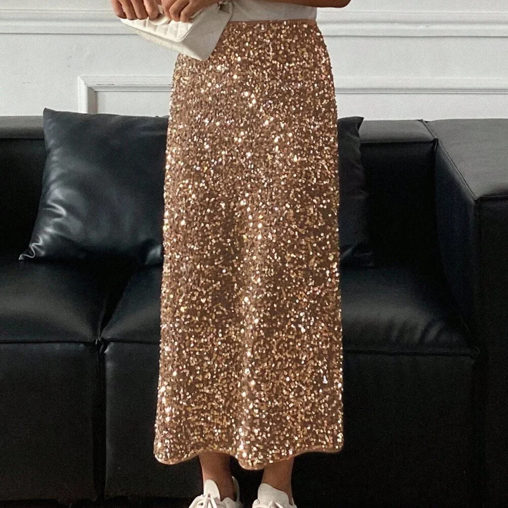 Khaki Party Women's Sequin Slit Skirt